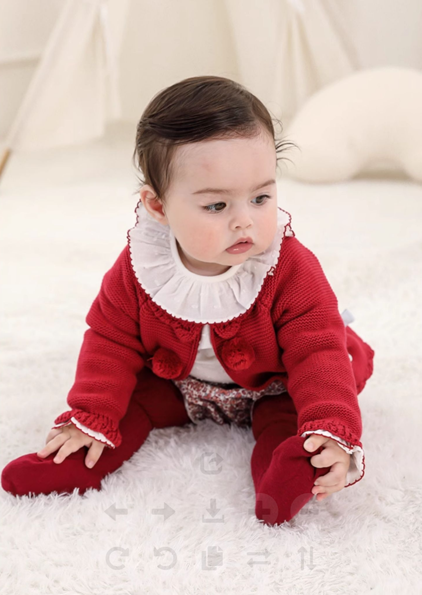 Red Knit Cardigan Baby Set | Ruffle Collar & Floral Bloomers 12M–4T