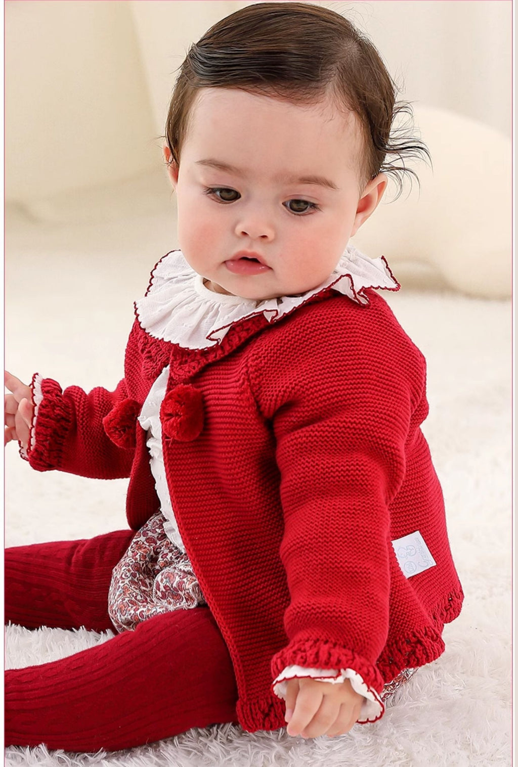 Red Knit Cardigan Baby Set | Ruffle Collar & Floral Bloomers 12M–4T