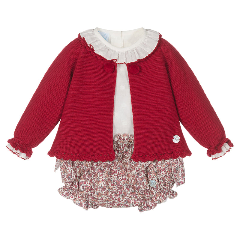 Red Knit Cardigan Baby Set | Ruffle Collar & Floral Bloomers 12M–4T