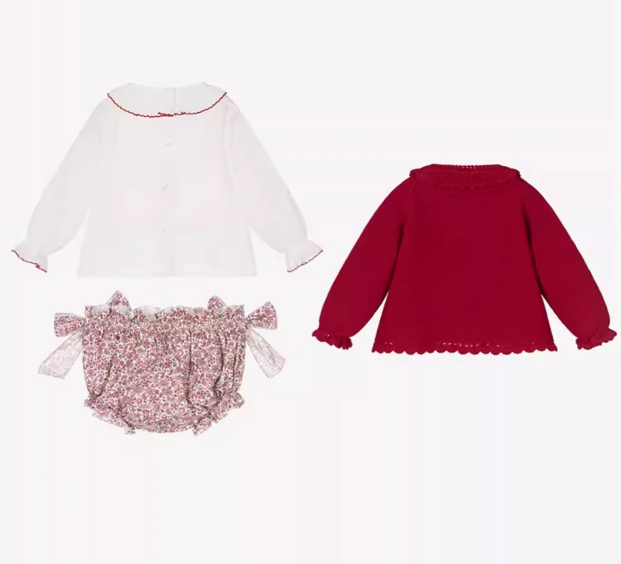Red Knit Cardigan Baby Set | Ruffle Collar & Floral Bloomers 12M–4T
