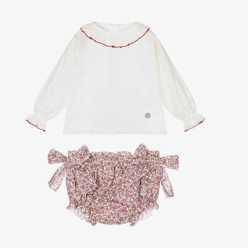 Red Knit Cardigan Baby Set | Ruffle Collar & Floral Bloomers 12M–4T