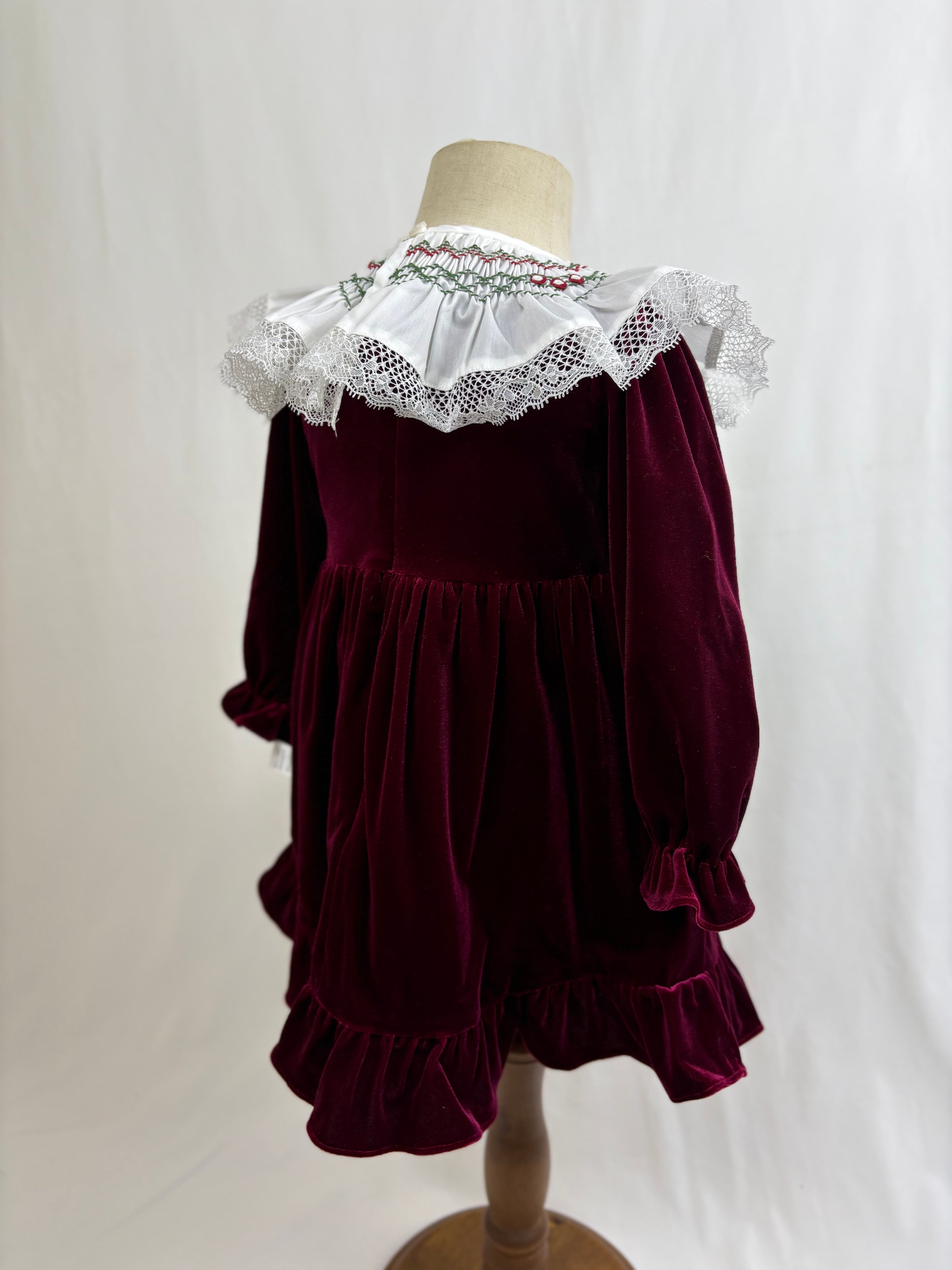 Deep Red Velvet  Smocked Collar Holiday Dress