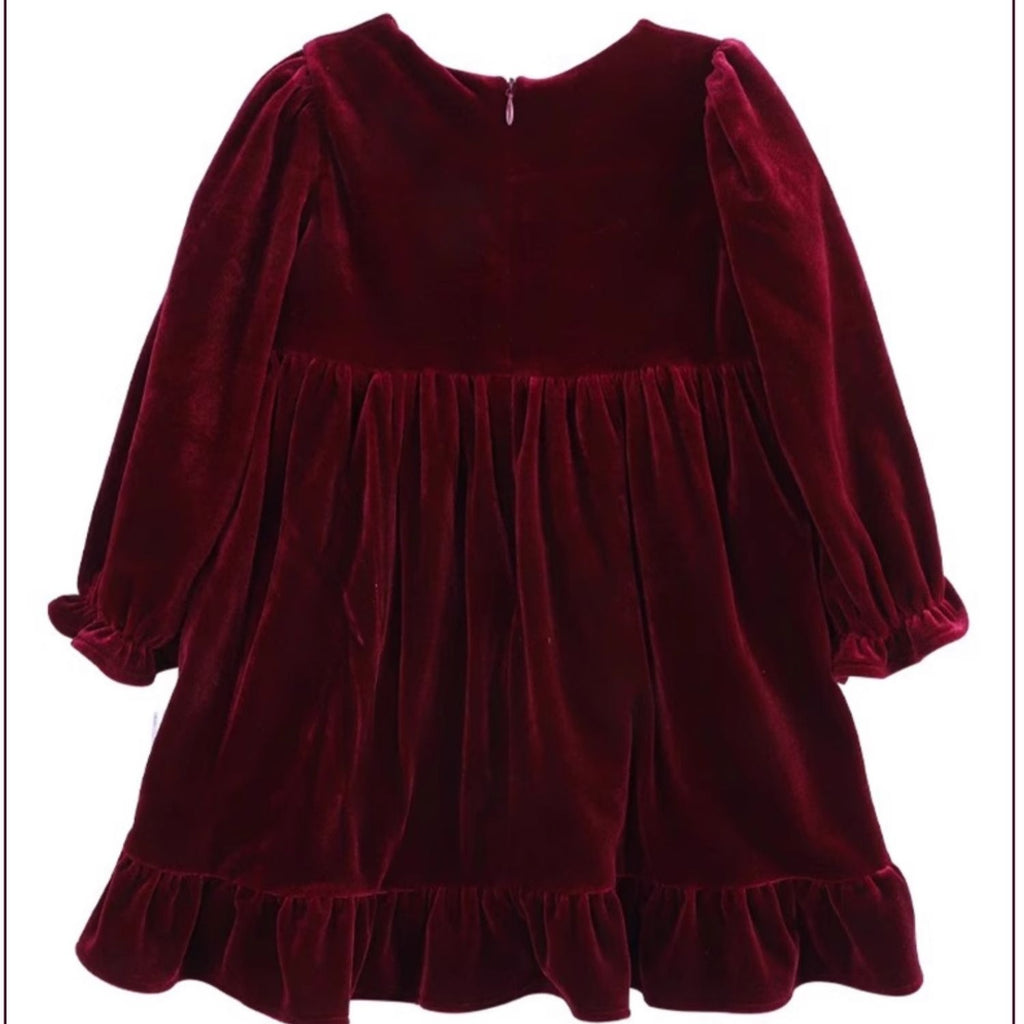 Deep Red Velvet  Smocked Collar Holiday Dress