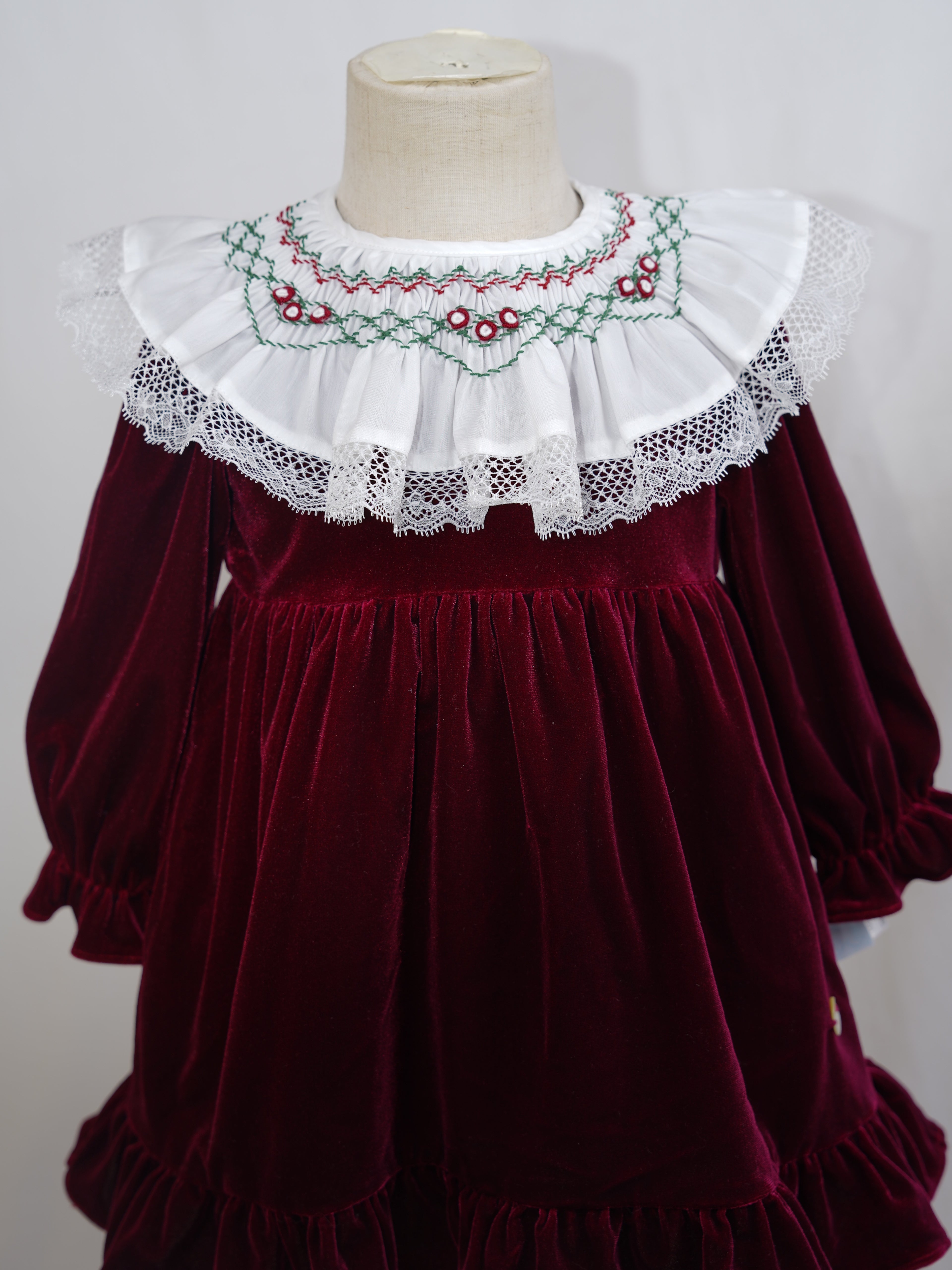 Deep Red Velvet  Smocked Collar Holiday Dress