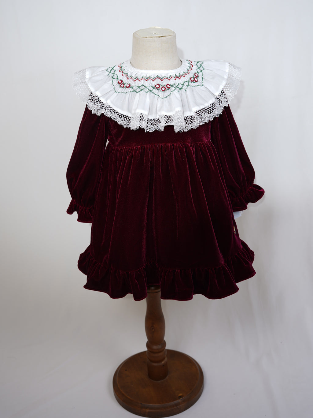 Deep Red Velvet  Smocked Collar Holiday Dress