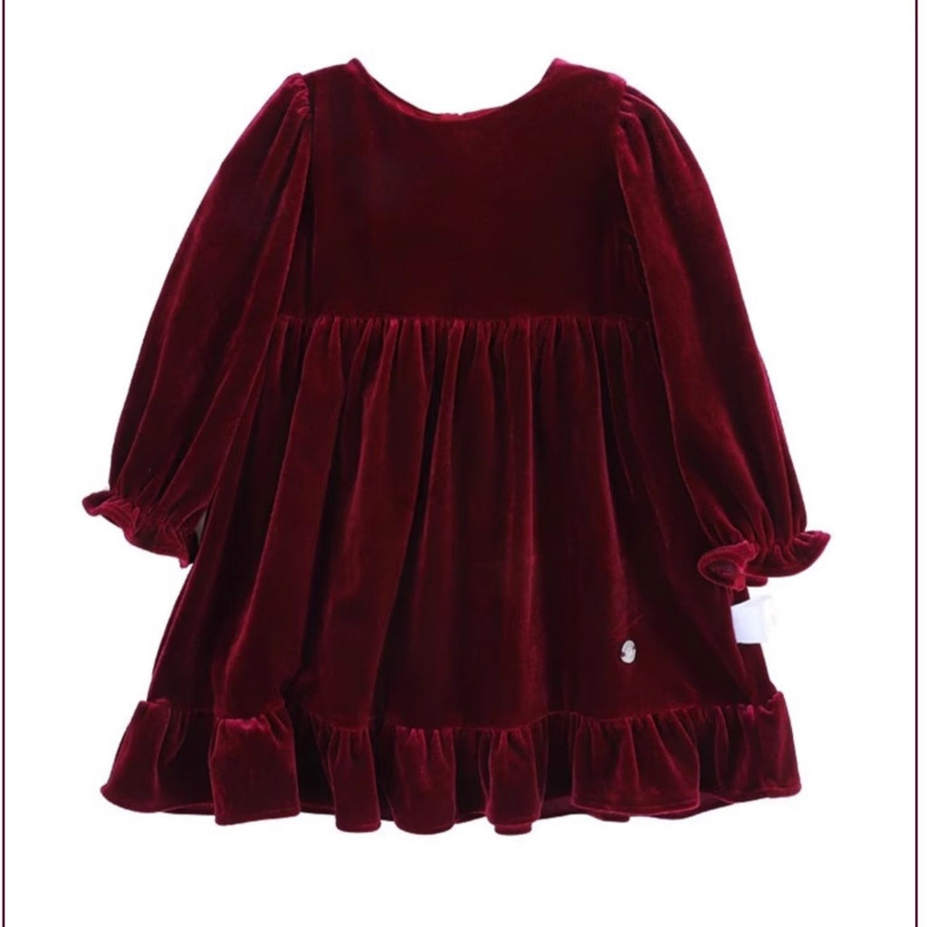 Deep Red Velvet  Smocked Collar Holiday Dress