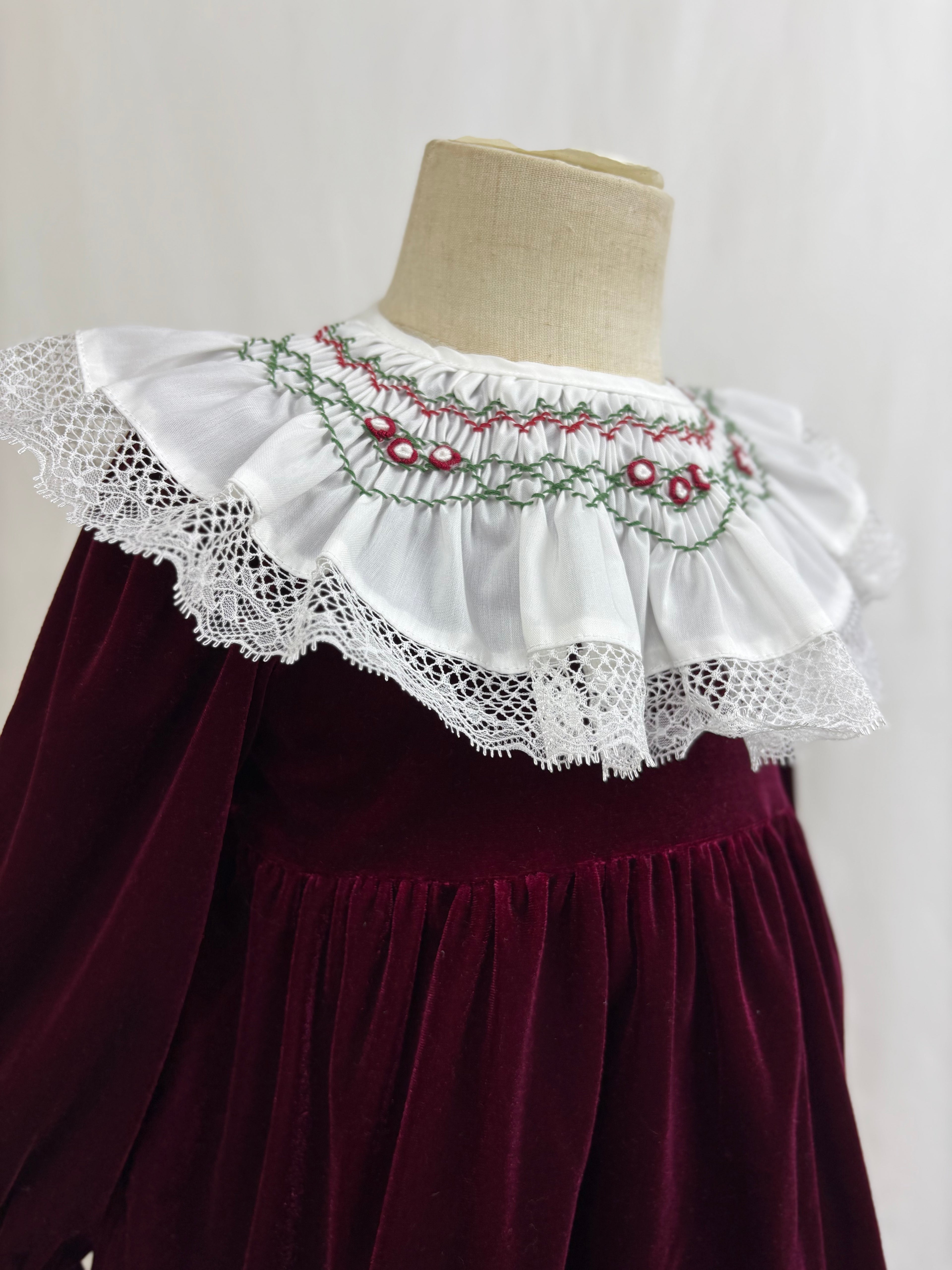 Deep Red Velvet  Smocked Collar Holiday Dress