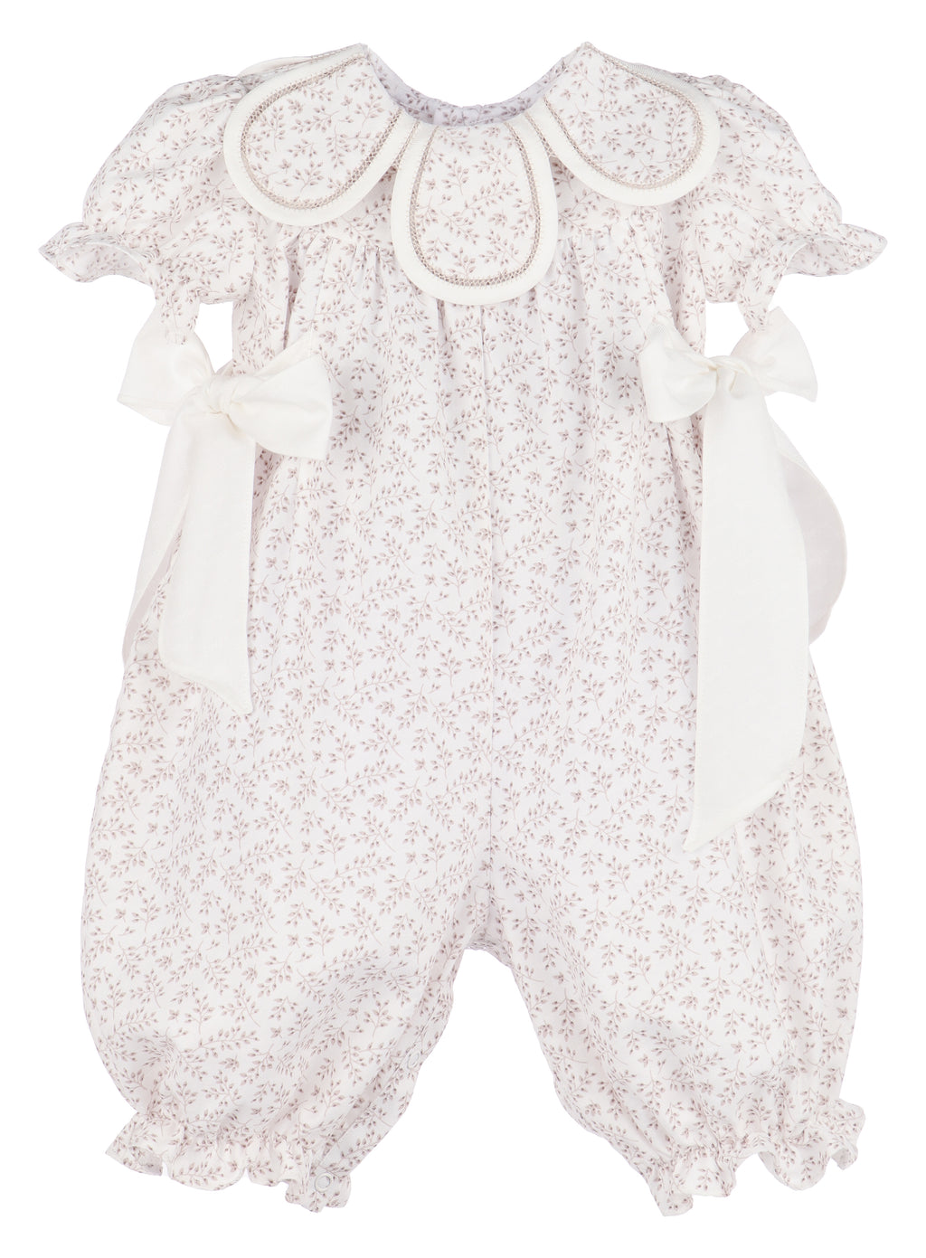rose ditsy floral long-leg baby romper with petal collar