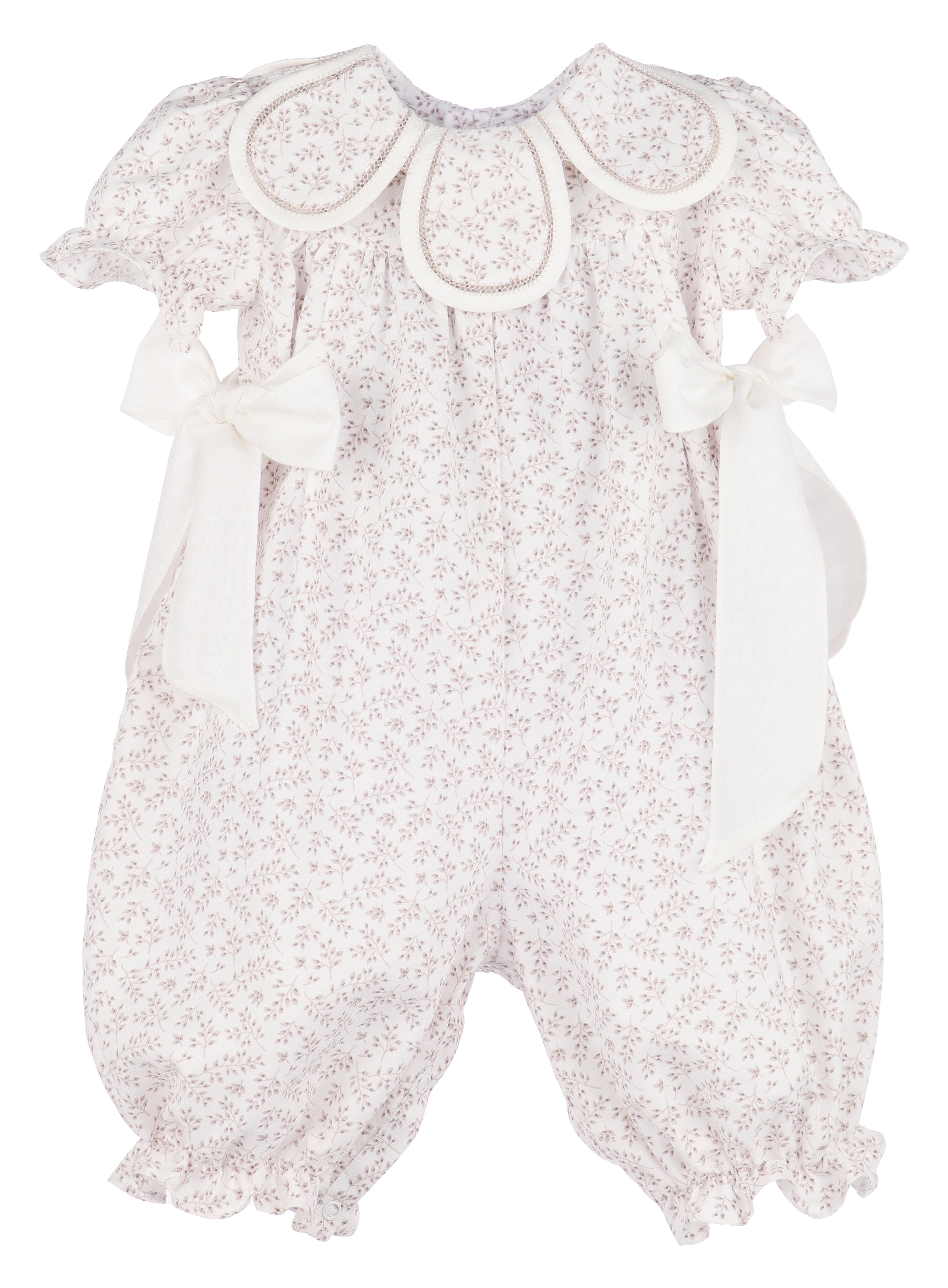 rose ditsy floral long-leg baby romper with petal collar