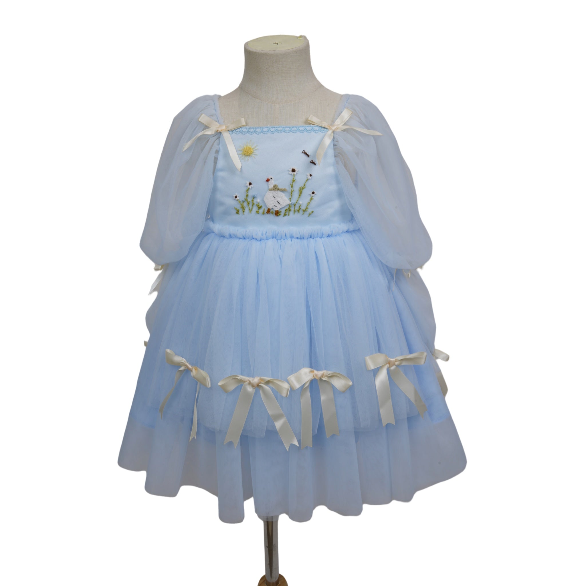 Front view of light blue silly goose embroidered tulle dress for toddlers