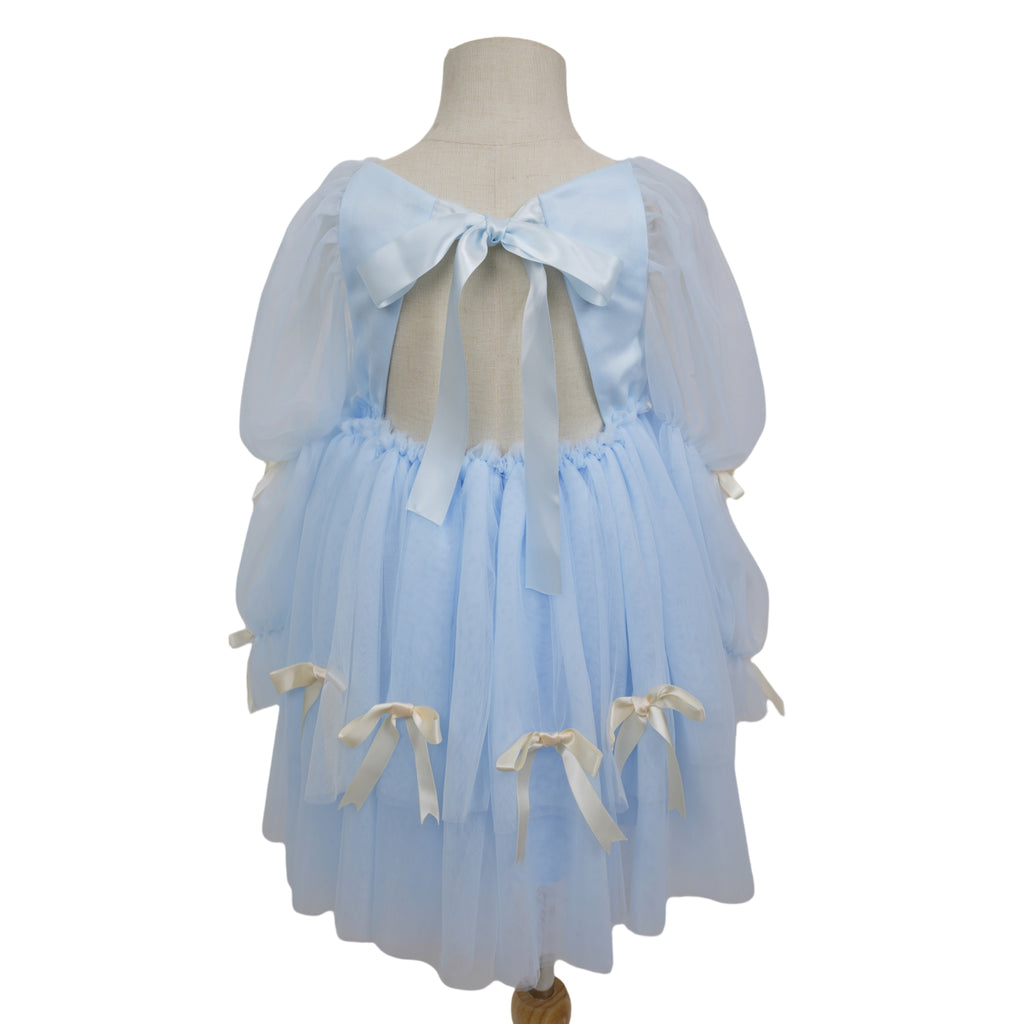 Back view with large satin bow and open back detail