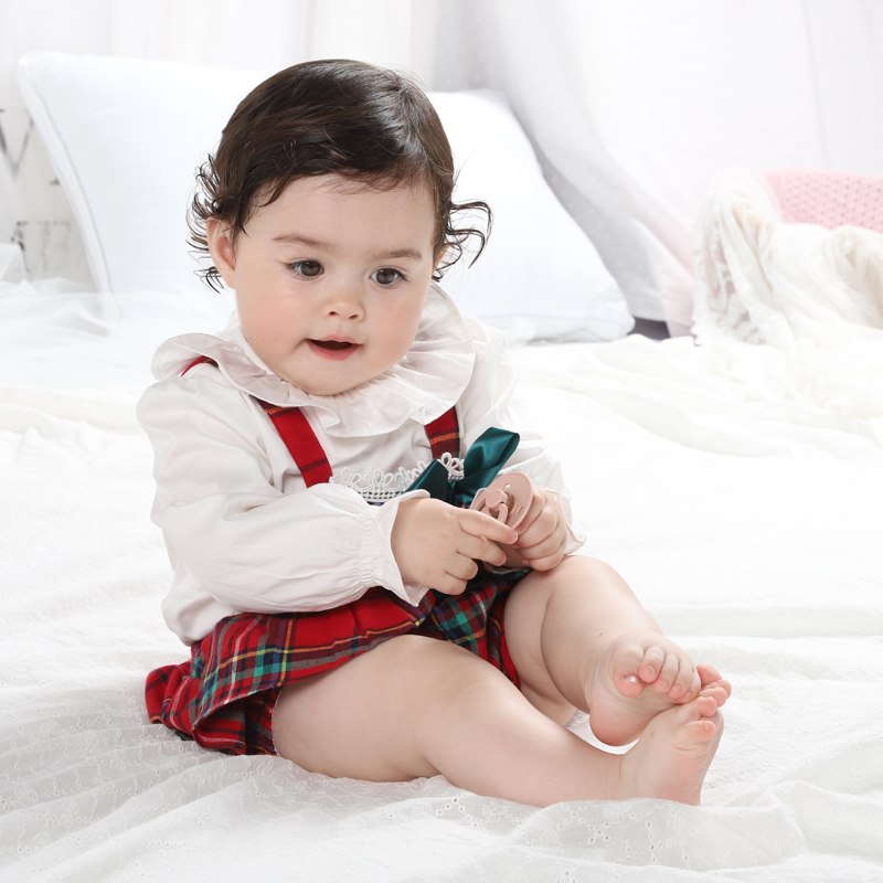 Red Tartan Baby Pinafore Romper Set