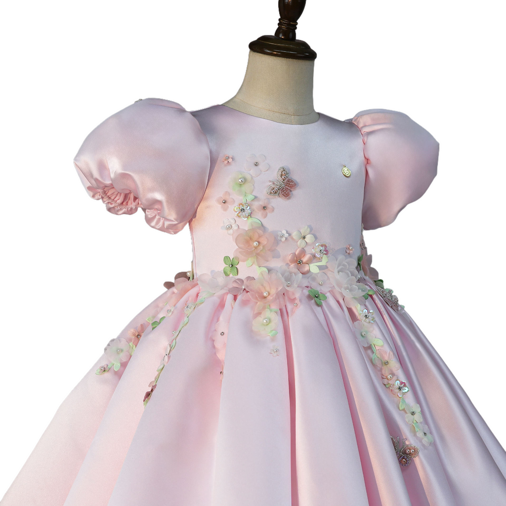 Pink 3D floral dress, angled front view