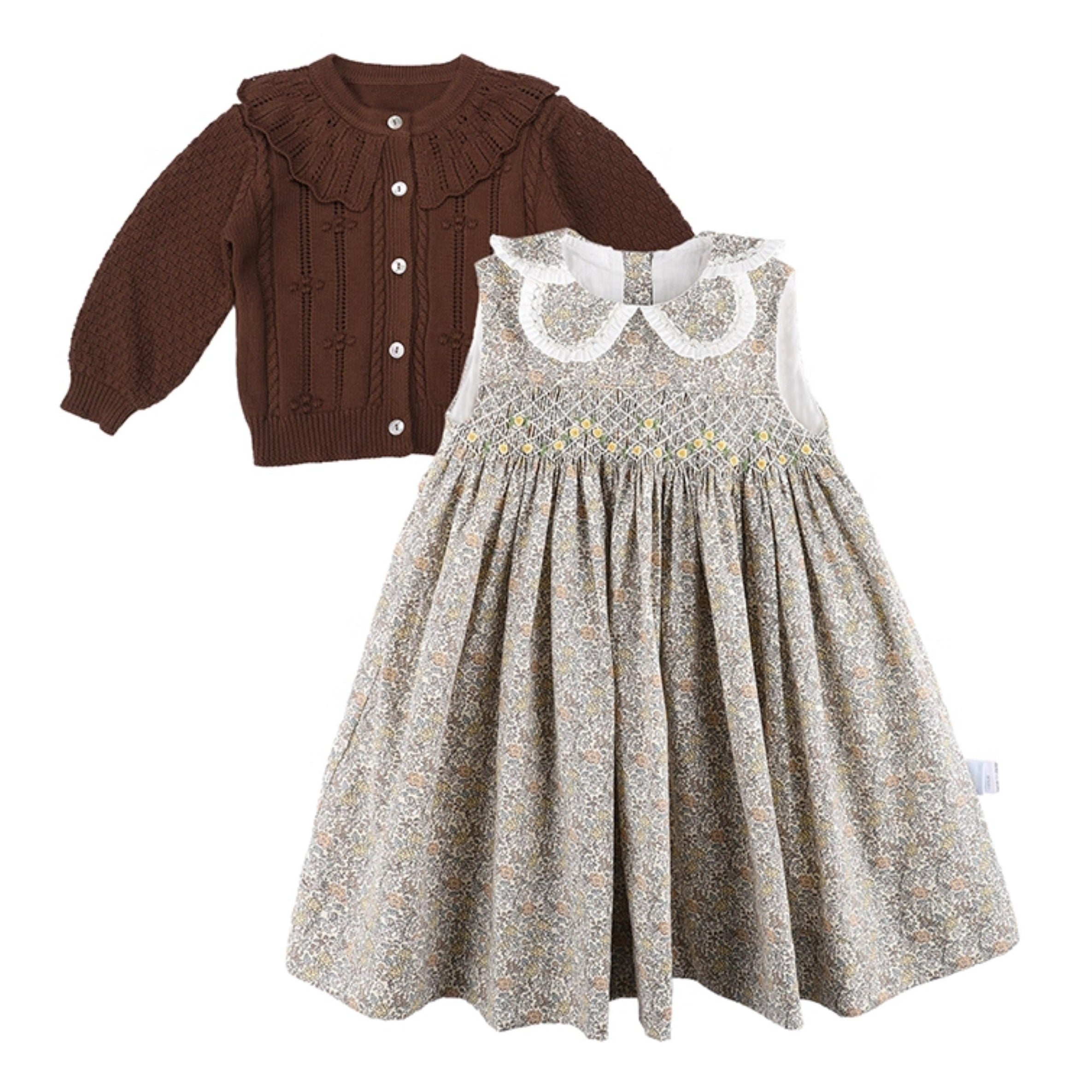 dress with matching cocoa knit cardigan set