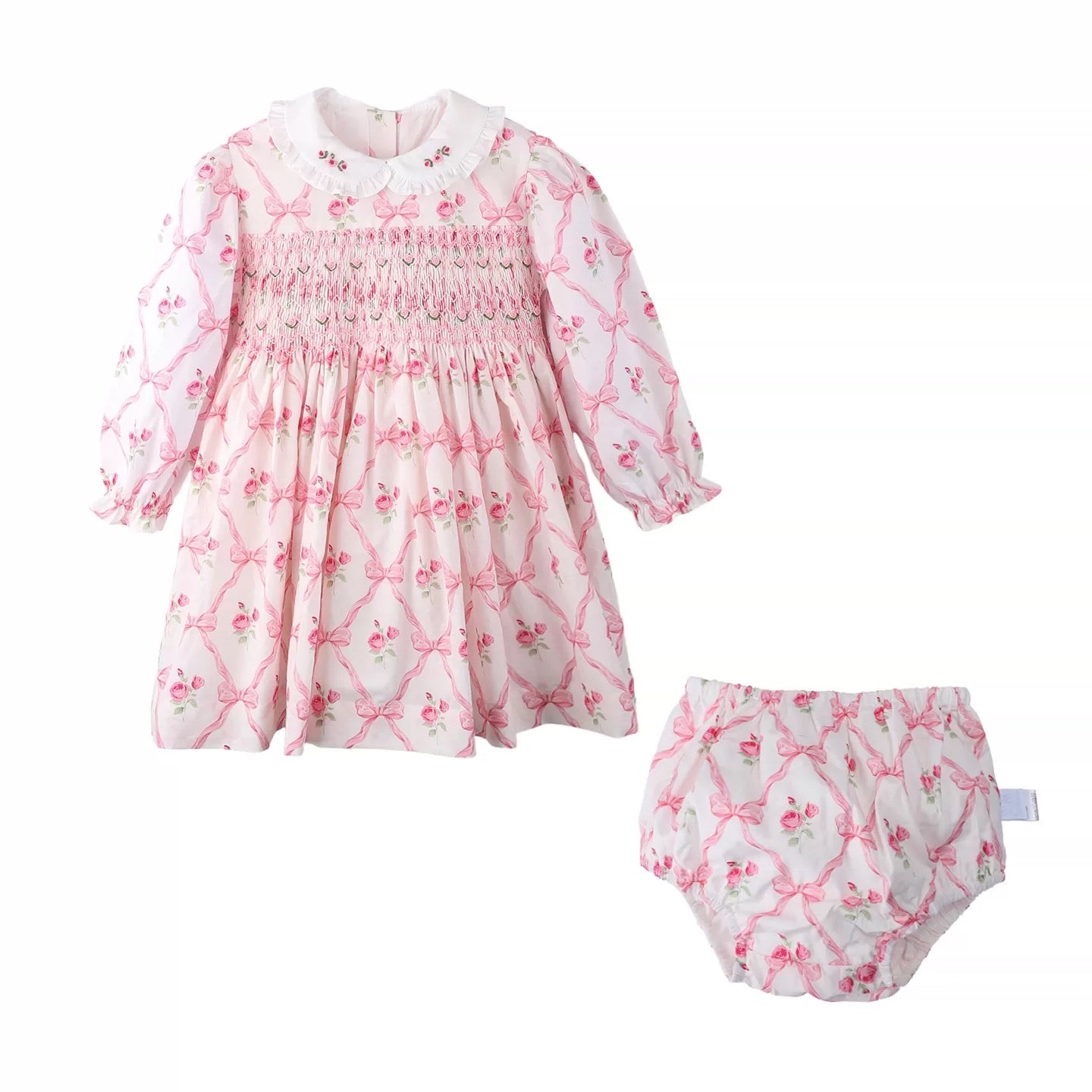 Vintage Rose Smocked Cotton Dress & Bloomer Set