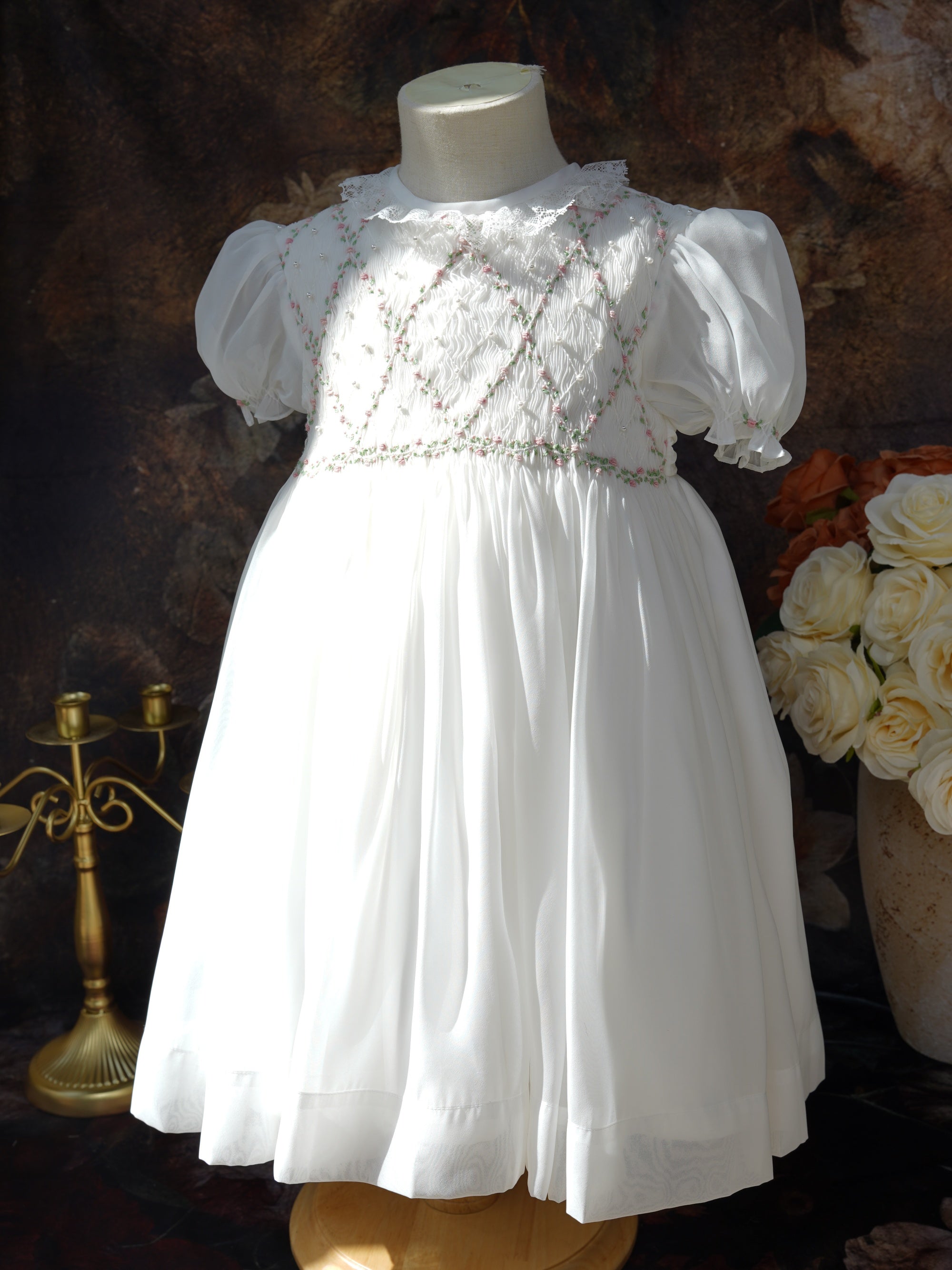 White Rosebud Smocked Baby Dress
