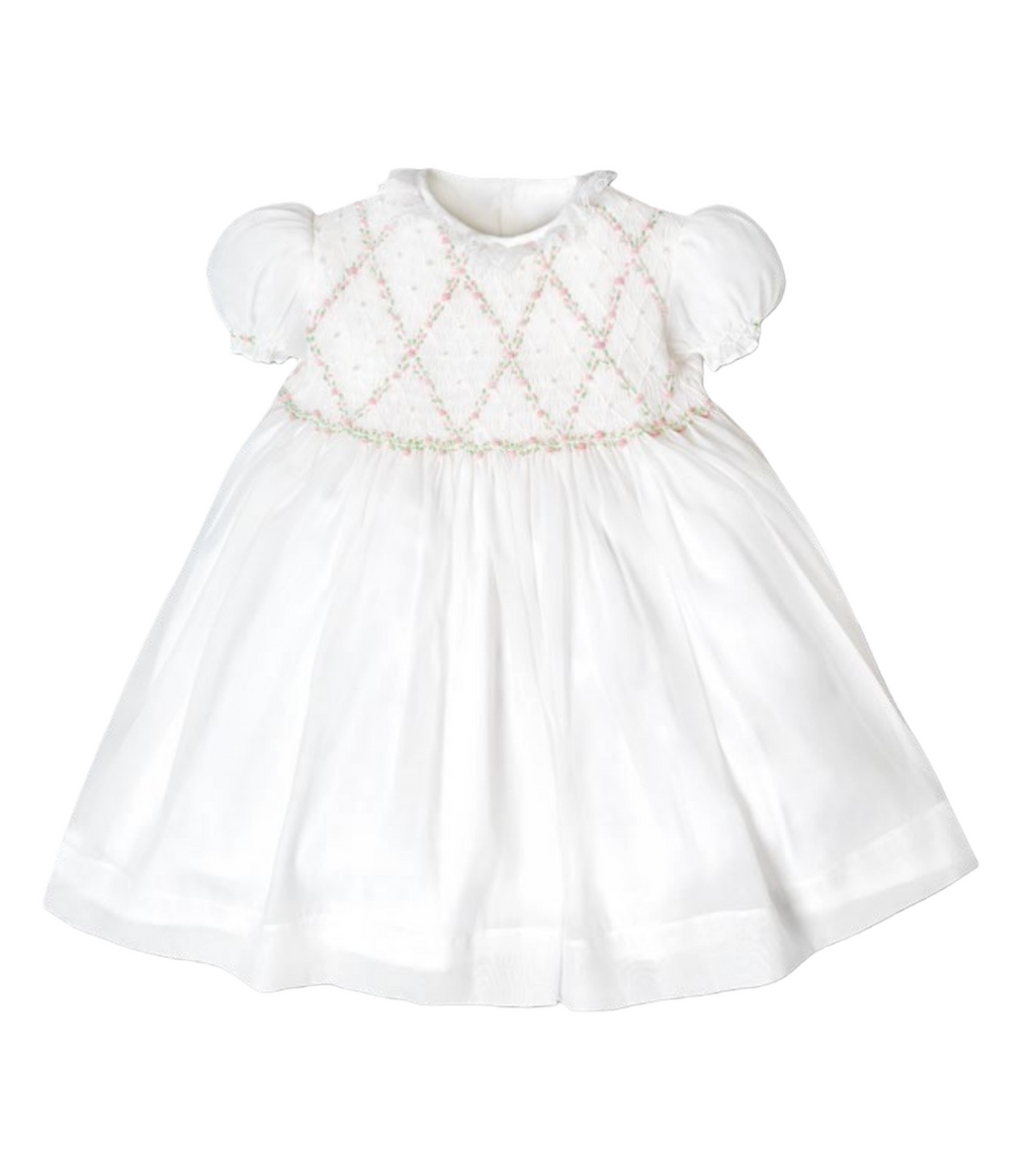 White Rosebud Smocked Baby Dress