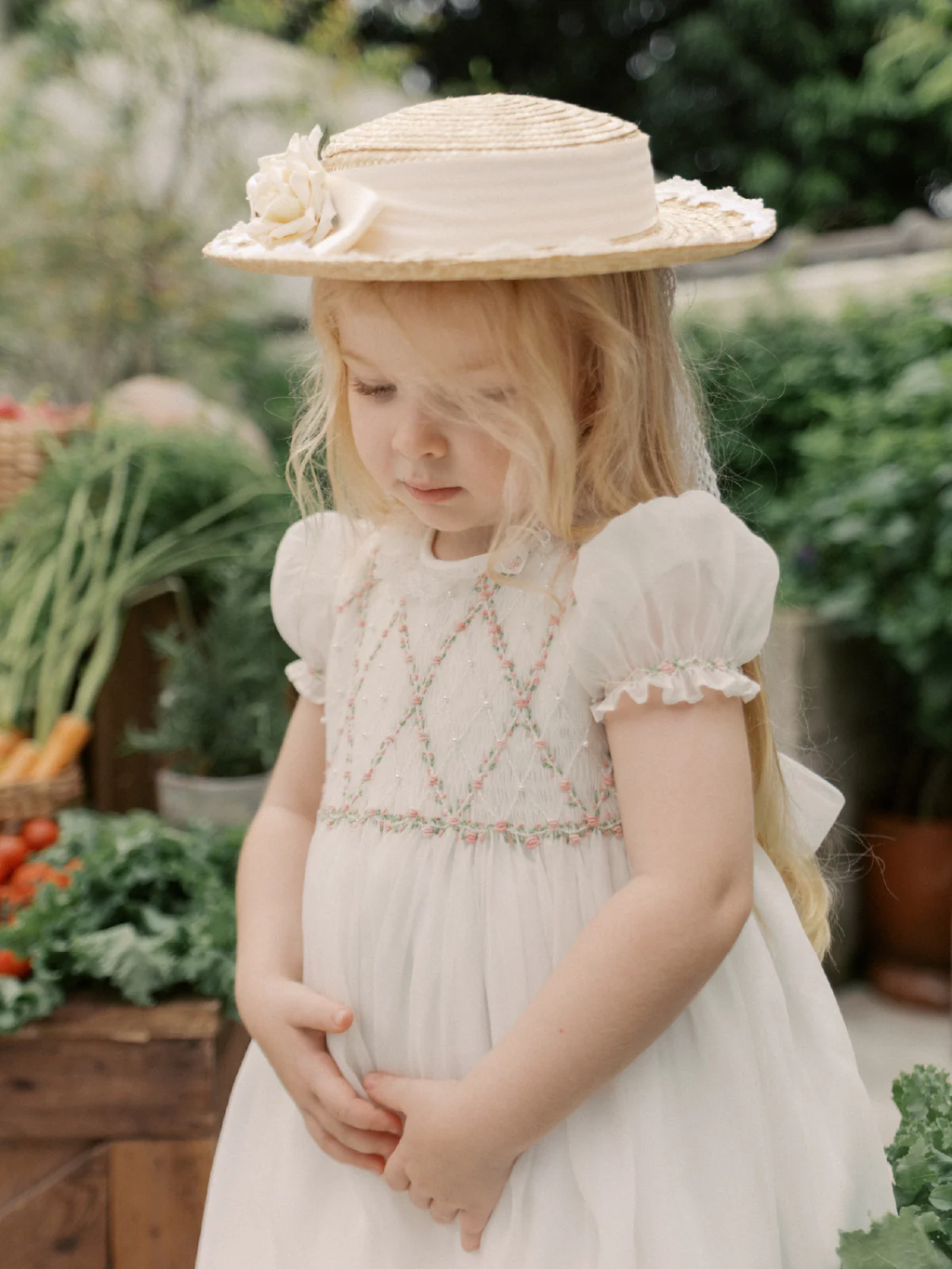 White Rosebud Smocked Baby Dress