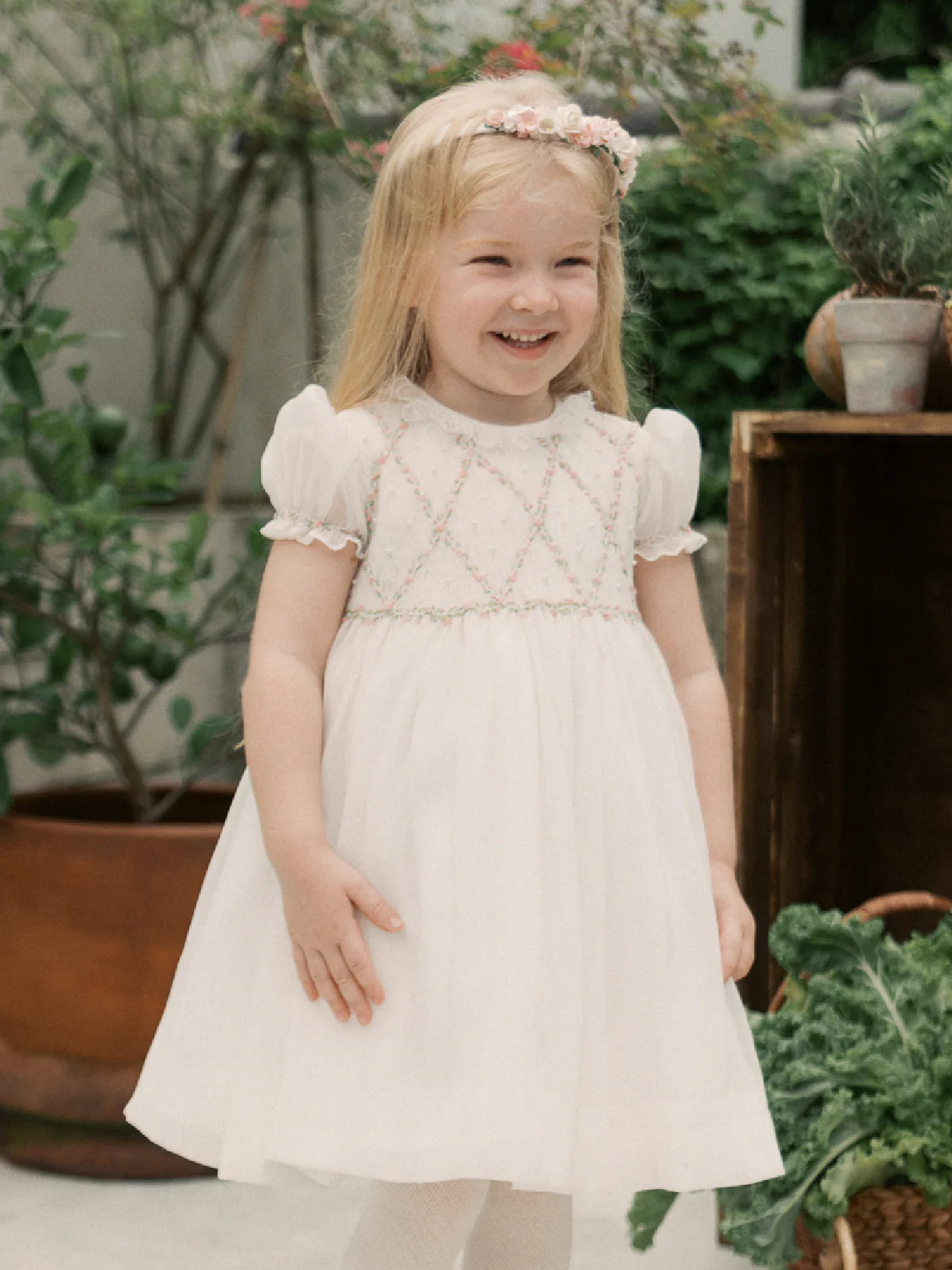 White Rosebud Smocked Baby Dress