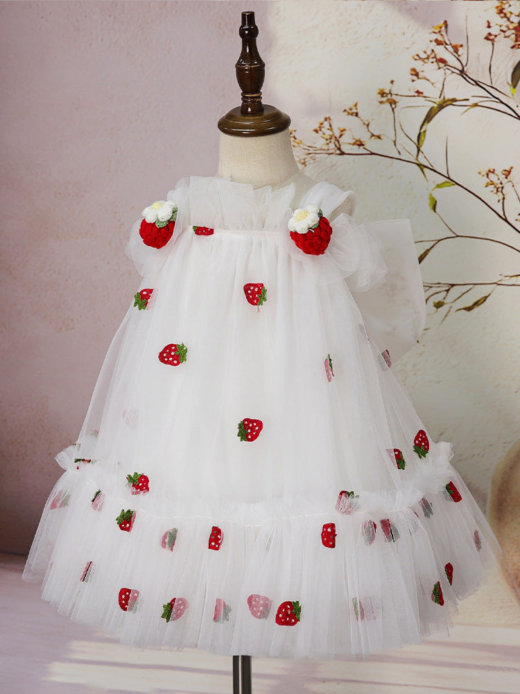 Full front view of white strawberry tulle dress for toddlers