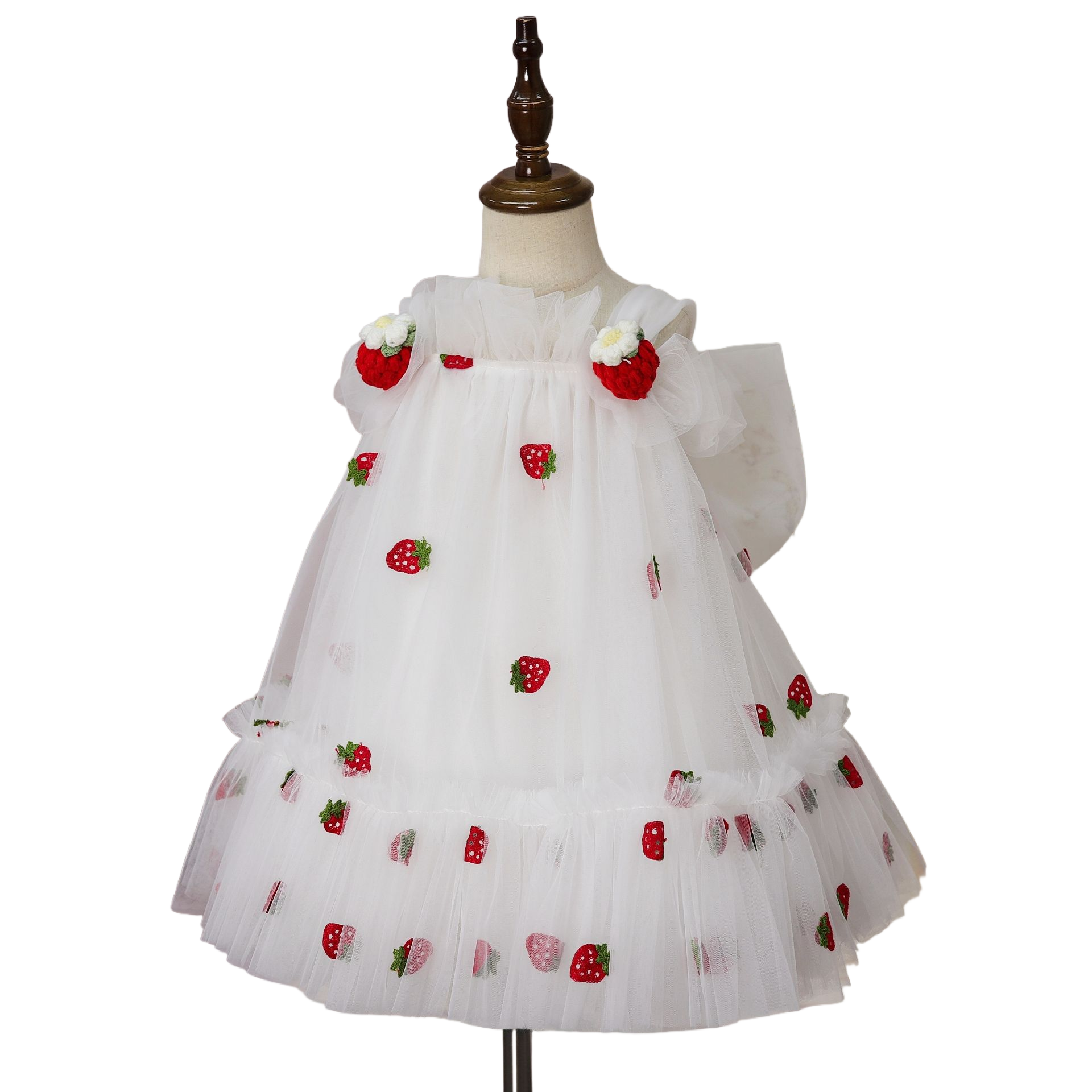 Studio front image of white strawberry tulle dress with big bow