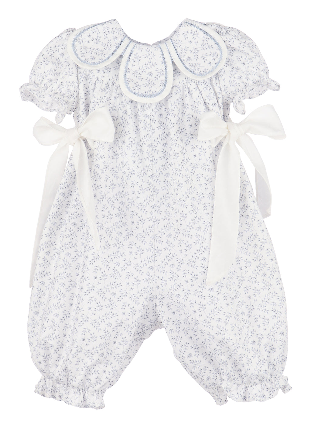 willow blue ditsy floral long-leg baby romper with petal collar