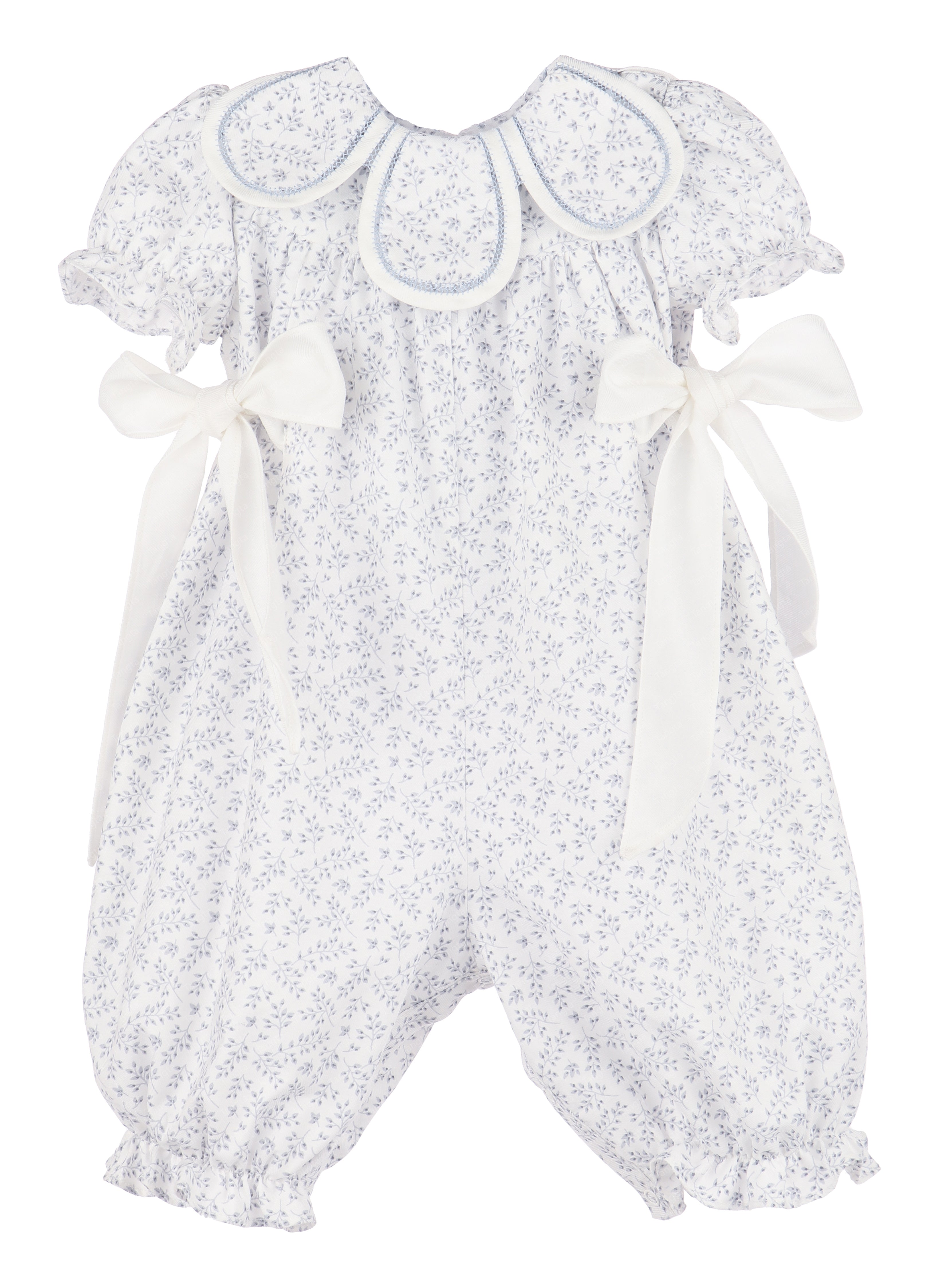 willow blue ditsy floral long-leg baby romper with petal collar
